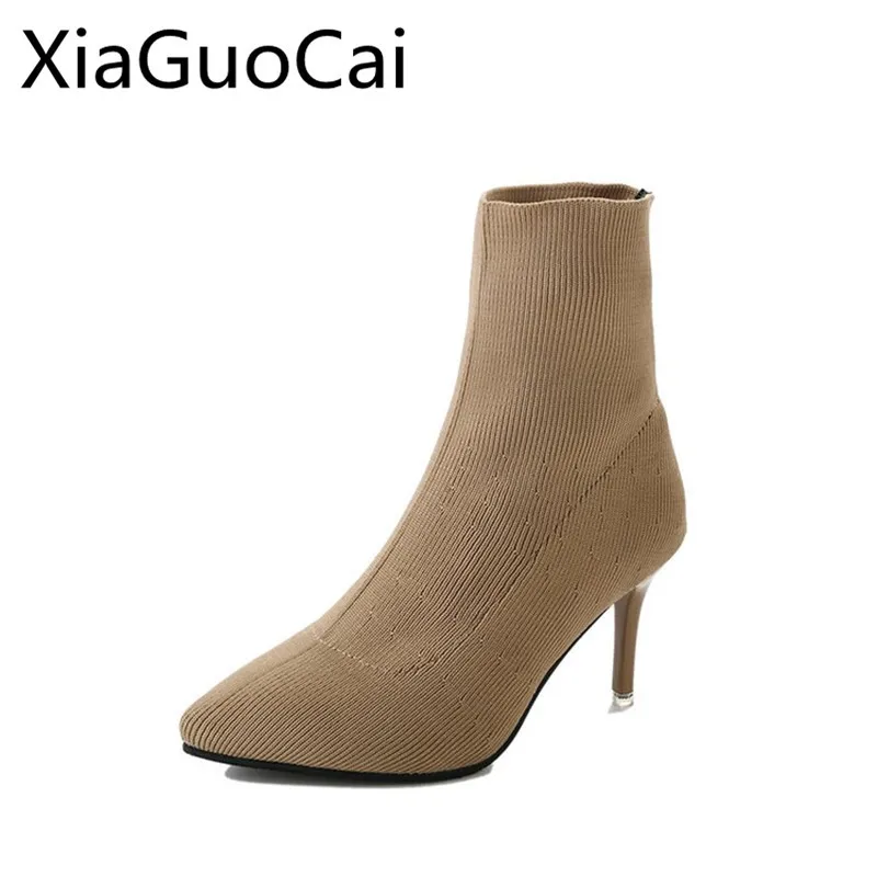 

2018 Winter Knitted Wool Women Socks Boots High Heel Female Ankle Boots Women's Thin Heels Chelsea Boots Elastic Shoes