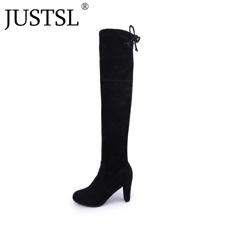 

JUSTSL 2018 Spring New Superstar Fashion Women's shoes Long knee boots Thick high heel Female boots 34-43