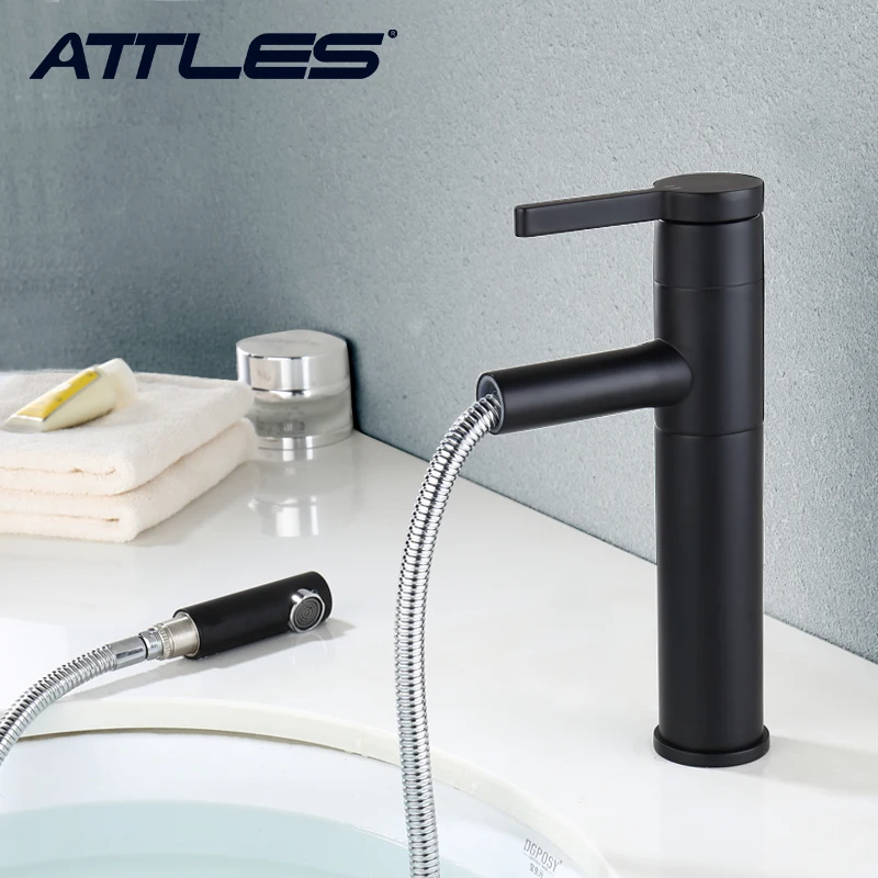 Basin Faucets High Modern Black Pull Out Bathroom Sink Mixer Tap Square