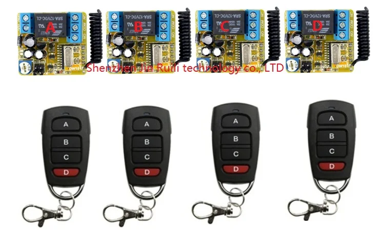 

DC12V 1CH Time delay Remote Control Switch System 4pcs Transmitter with 4pcs Receiver for Appliances Gate Garage Door