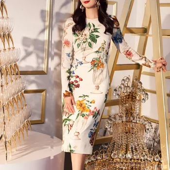 

Runway 2019 spring and summer new flower print dress elegant temperament Slim long-sleeved bag hip dress dress high quality