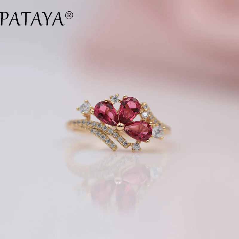 PATAYA, новинка, три капли воды, женские кольца, 585, розовое золото, круглый природный Цирконий, Свадебная вечеринка, модные ювелирные изделия, трендовые цветные кольца - Цвет основного камня: Rose Red