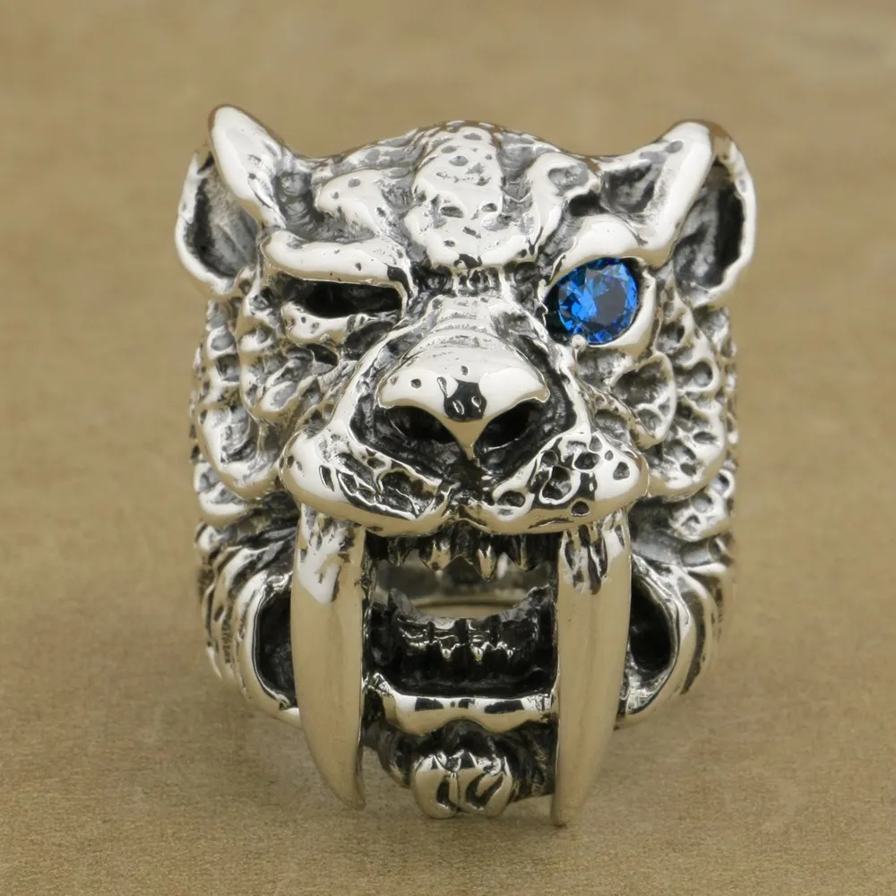 

925 Sterling Silver Blue CZ Eye Sabretooth Ring Mens Biker Tiger Ring TA16A 7~15