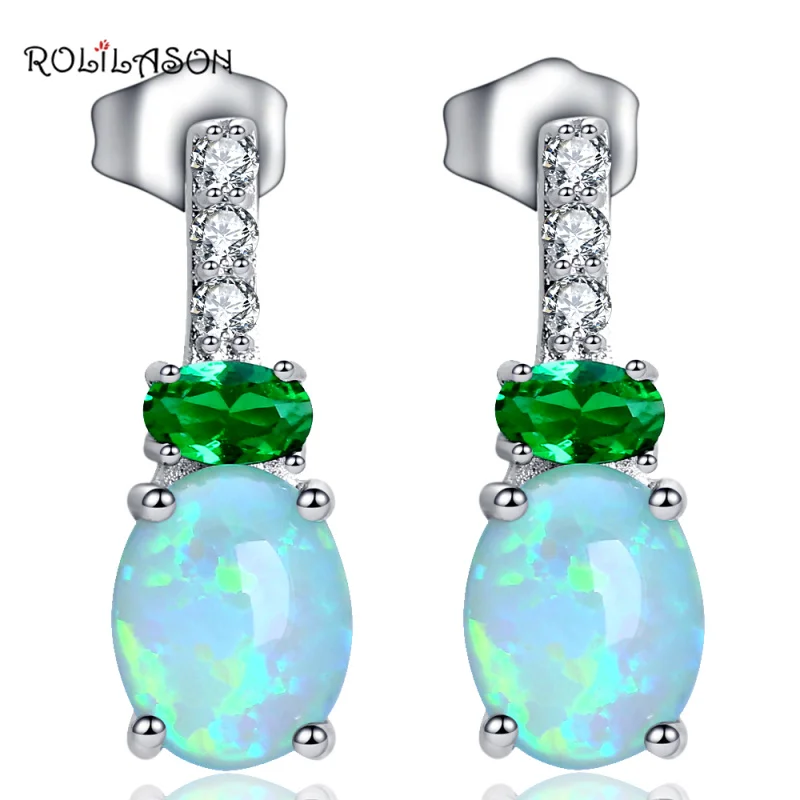 

ROLILASON Special desgin gift Green Fire Opal Silver Drop Earrings Fashion Opal Jewelry for Women Party OE671