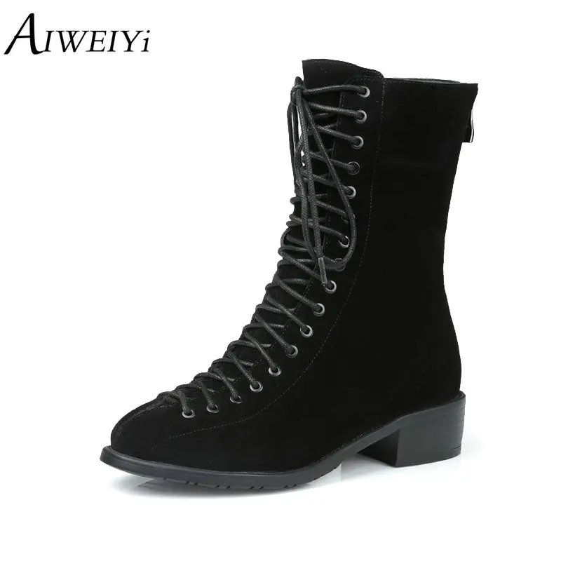 

AIWEIYi Genuine Leather Ankle Boots Black Brown Square Low Heels Ankle Boots Thick Heel Women Shoes Causal Motorcycle Boots