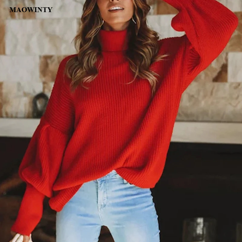 

Turtleneck Red Winter Sweater Women Knit Lantern Sleeve White Sweater Female Loose Oversized Pullover Knitted Jumper