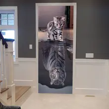 3D наклейка на дверь с милым котом, отражающим тигром, плакат, Настенная Наклейка на дверь, художественная дверь в спальню, водонепроницаемая ПВХ наклейка, сделай сам, домашний декор