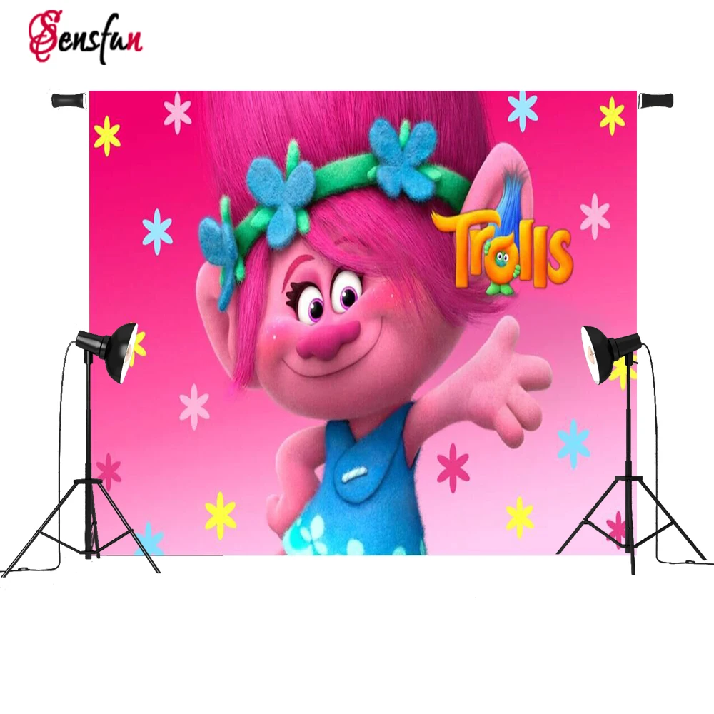 

Vinyl Photocall Trolls Pink Poppy Princess Flowers Custom Photo Studio Backgrounds Backdrops 5x3ft
