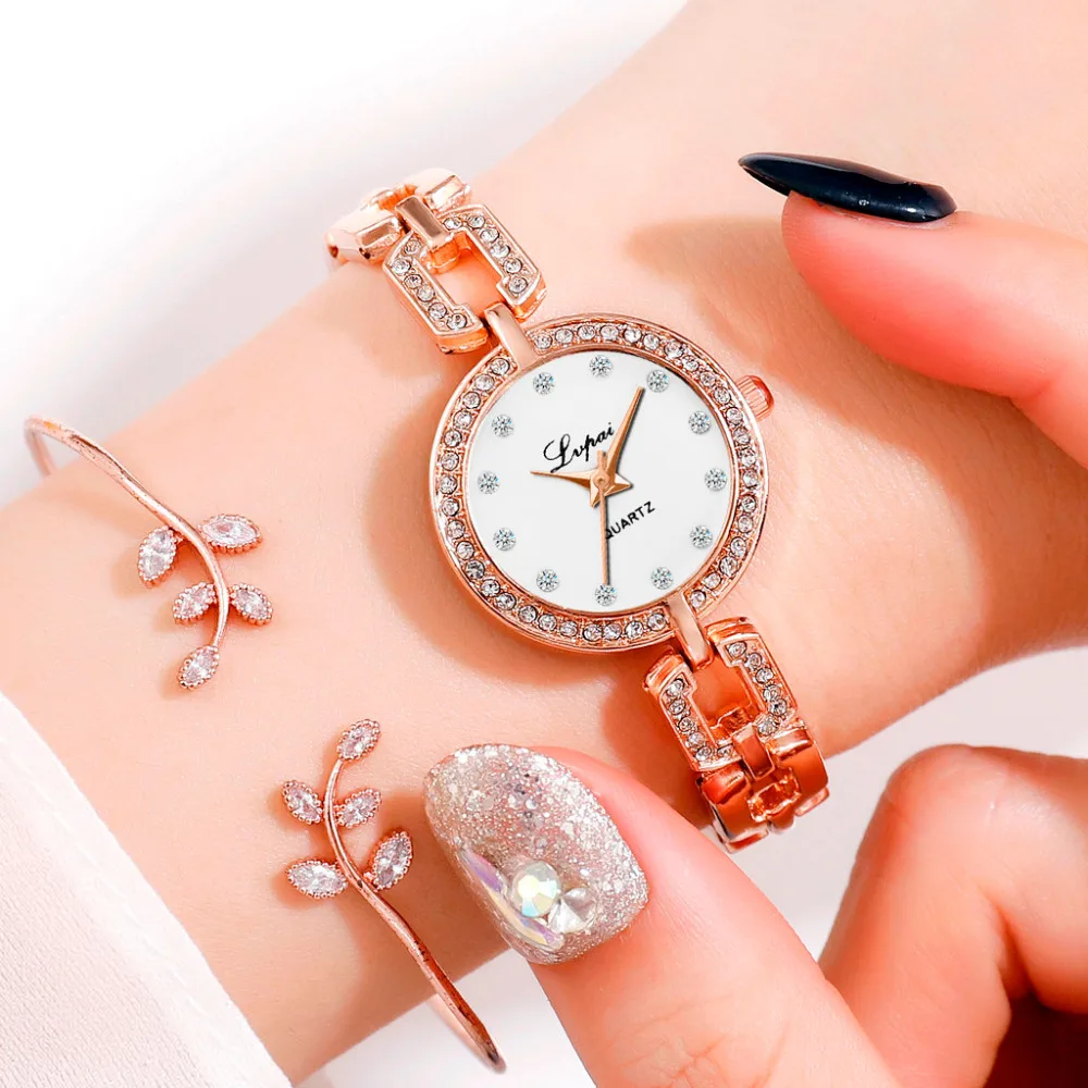 

LVPAI Luxury Brand Exquisite Bracelet Watch Rose Gold Women Watches Rhinestone Female Steel Belt Quartz Wrist Watch Montre #B