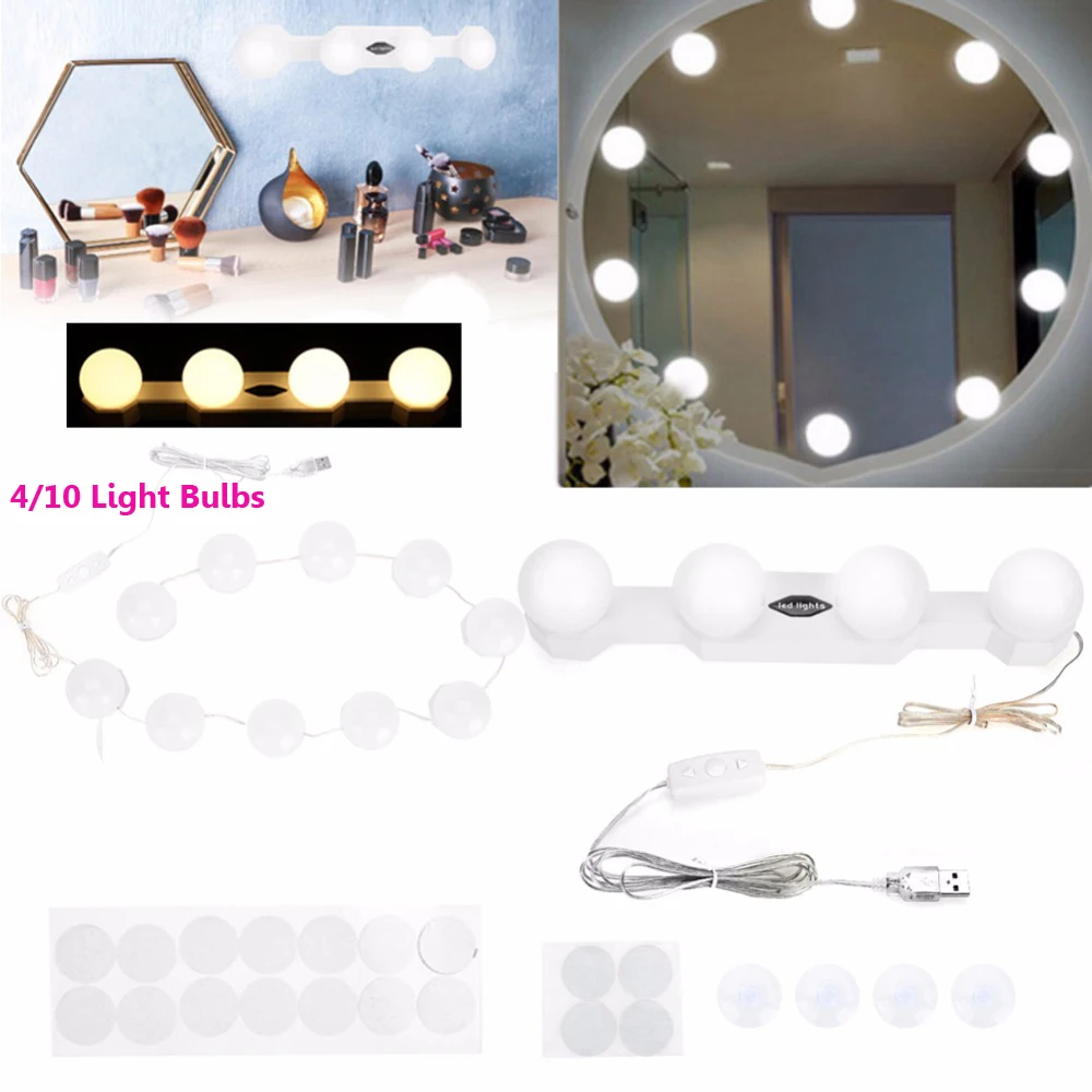 

4/10 Bulbs Makeup Mirror Vanity LED Light Bulb Kits USB Charging Port Cosmetics Lighted Bulbs Adjustable Brightness Mirror Light
