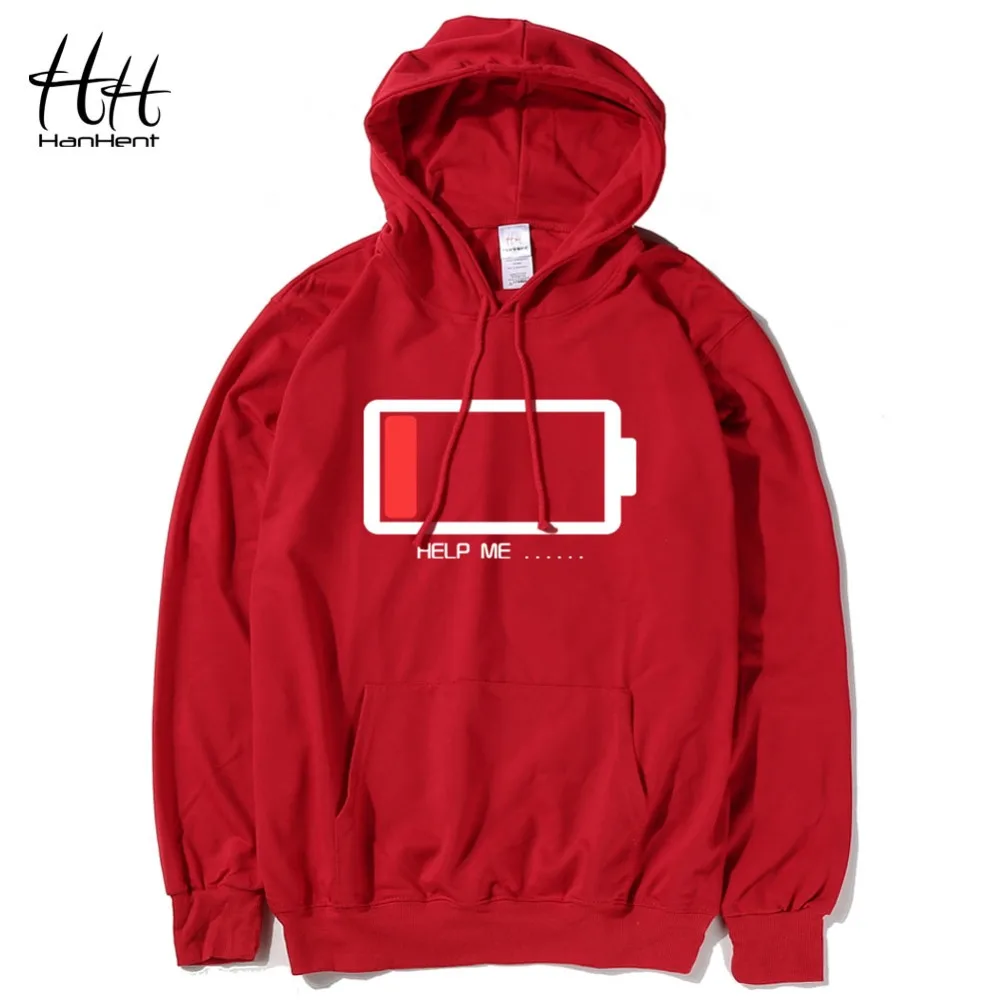 HanHent Battery Low Help Me Hoodies Men 3D Creative Hooded Sweatshirts Fashion Streetwear Hip Hop Black Hoodie Male Plus Size | Мужская