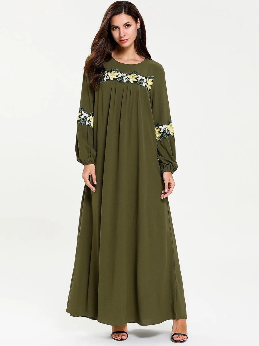 Army green Женские мусульманские платья Дубай абайя платье с длинными рукавами кафтан Элегантный Вышивка Дубай, Турция макси платья одежда