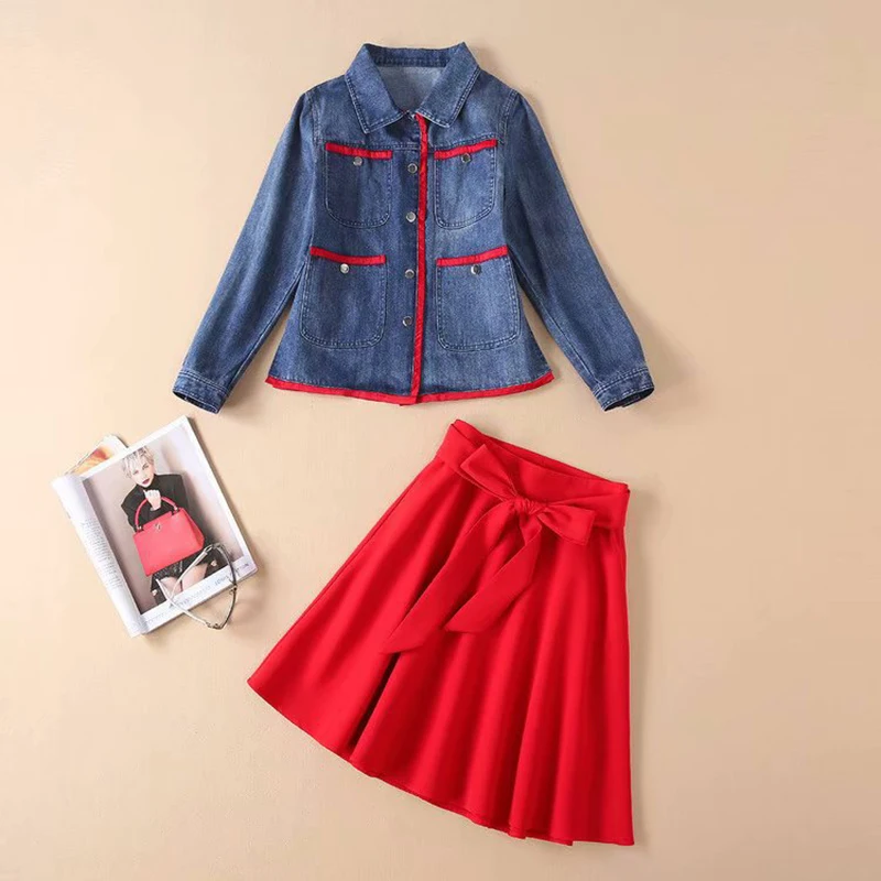 HIGH QUALITY Newest 2018 Fall Winter Designer Runway Suit Set Women's Denim Jacket Red Skirt | Женская одежда