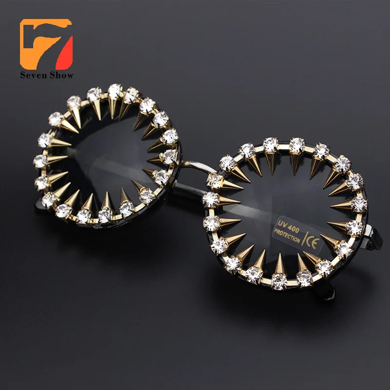 Мужские дизайнерские солнцезащитные очки, крутые, модные, с заклепками, стимпанк, солнцезащитные очки, стразы, Круглые, женские солнцезащитные очки, уникальный стиль, UV400