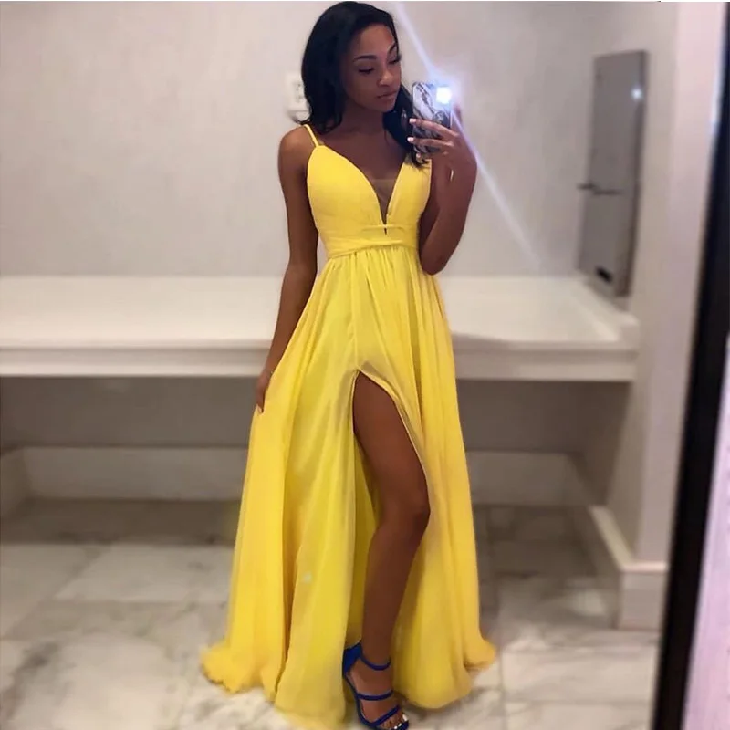 

2019 New Arrival Long Evening Dress V-neck Spaghetti Straps Simple Yellow Chiffon Front Split Formal Party Dress Robe De Soiree