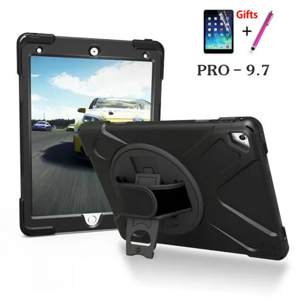 

360 degrees rotate case For iPad Pro 9.7 A1673 A1674 A1675 Heavy Duty Silicone Hard Shockproof Kids funda case cover + Flim+ Pen