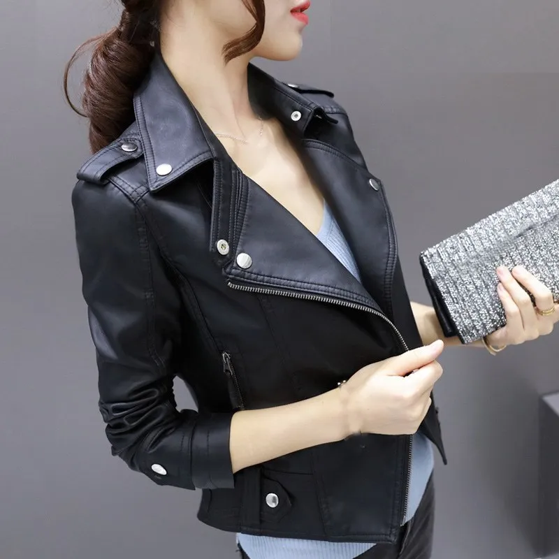 Women Casual Pu Leather Jackets Motorcycle Faux Soft Leather Jacket Rivet Zipper Lapel PU Jacket Coat Turn Down Collar Outwear