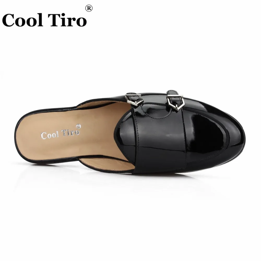 Cool Tiro/туфли без задника с двойным моном; мужские шлепанцы; мокасины; Цвет Черный; лакированная кожа; свадебные модельные туфли; повседневная обувь на плоской подошве с металлическими пряжками