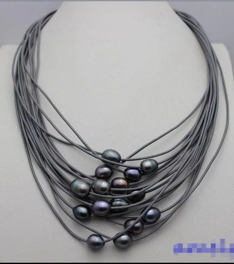 

Free shipping hot sale Women Bridal Wedding Jewelry >>black freshwater pearl 15strand gray Genuine leather cord necklace19-23"