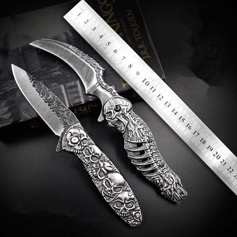 

ghost skull head 2 style stonewash steel folding knife outdoor Hunting camping tactical knives survival tools collection gifts