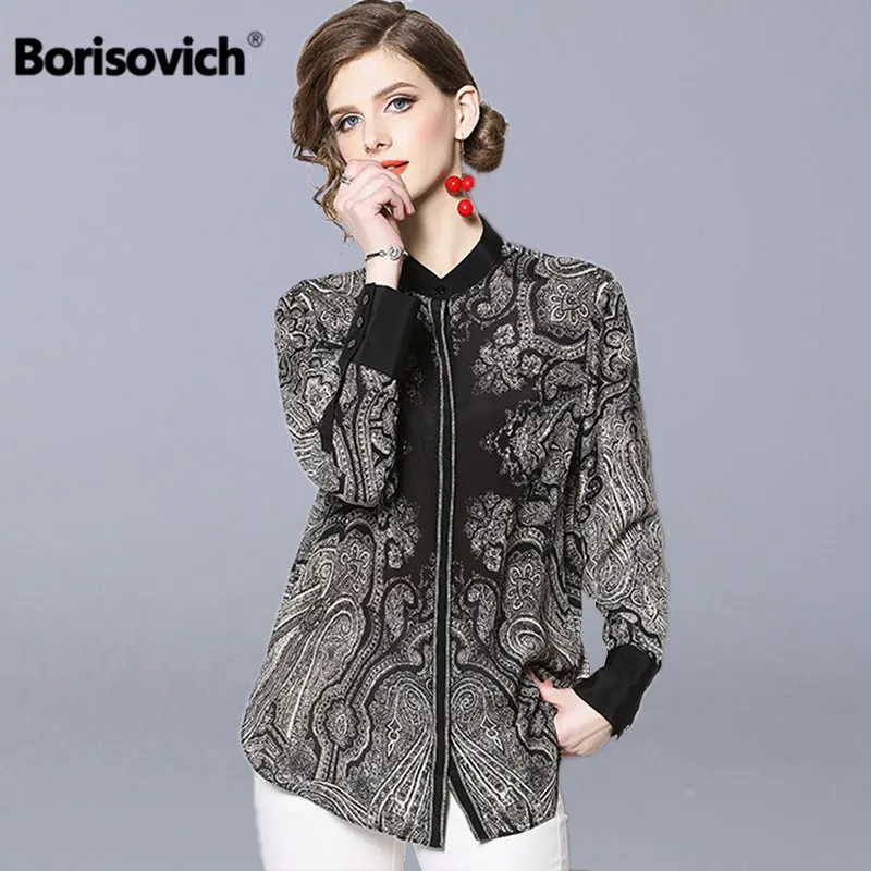 

Borisovich Vintage Print Women Casual Shirt New Brand 2019 Spring Fashion Stand Collar Office Lady Elegant Blouses Shirts N519