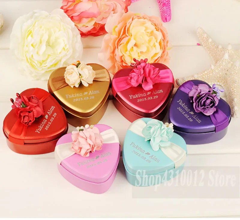 50pcs/lot 70*70*35mm Metal Candy Box Customized Name Date Wedding Birthday Chocolate Jar Personalized Heart Shape Storage | Дом и сад