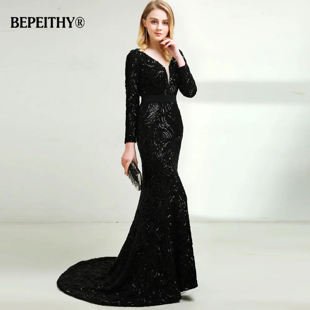 

2019 V neck Black Sequins Reflective Dress Lace Evening Dress Vestidos De Festa Sexy Open Back Mother Of The Bride Dresses