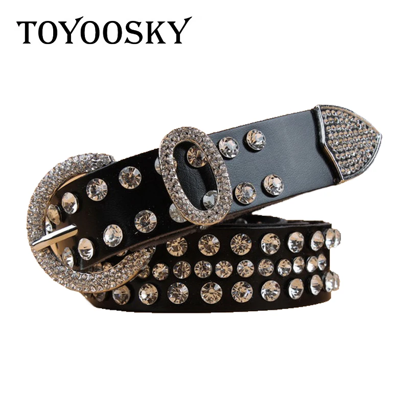 

Fashion Woman Belt Punk Hip-hop Bling Round Rock Pin Buckle Rivet White Black Rhinestone Self Tie Split Leather Belt for Dress
