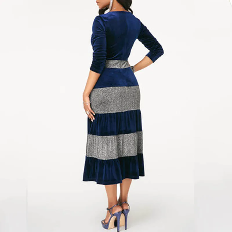 Koop NORMOV 2019 Mode Vrouwen Herfst Winter Plus Size Fluwelen Jurk Elegante Partij Sequin Patchwor Jurk Ruche 3 Kleur Midi Jurken