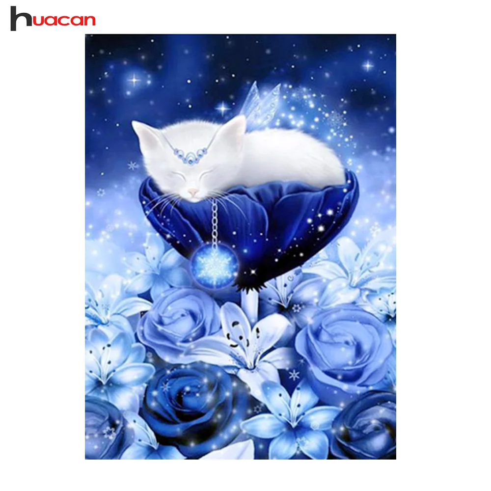 

Diamond Embroidery Cute Cat on Blue Flowers Full Square Diamond Painting Needlework Unfinished Handmade Craft DIY Hobby Gift