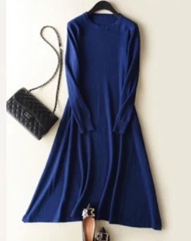 

2019 Spring Latest Style Women's Knitted Cashmere Wool Dress Long Style Solid Color Round Collar A-Line Free Shipping