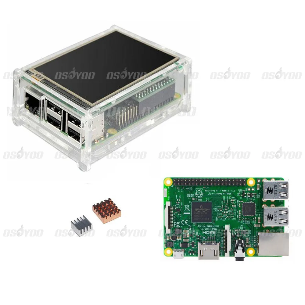 Osoyoo 2016 New Raspberry Pi 3 Model B Board +3.5 inch LCD Touchscreen Display + Clear Case + 2pcs Heat Sink Free Shipping