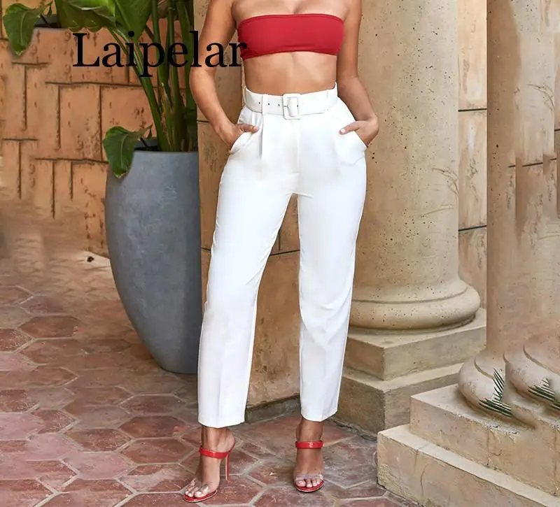 

Laipelar White buckle casual trousers women pants Female loose beach high waist pants Sexy belt fashion pants bottoms
