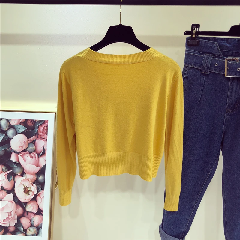 Fashion Cardigan Sweater Women Casual Button Ribbed Edge Short Long Sleeve Top 2018 Autumn Style Solid Color Female Knittear Fashion Cardigan Sweater Women Casual Button Ribbed Edge Short Long Sleeve Top 2018 Autumn Style Solid Color Female Knittear