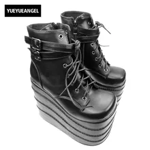Womens Gothic High Wedge High Heels Super Platform Shoes For Woman Lace Up Ankle Boots Shoes Pumps Size Black White Color