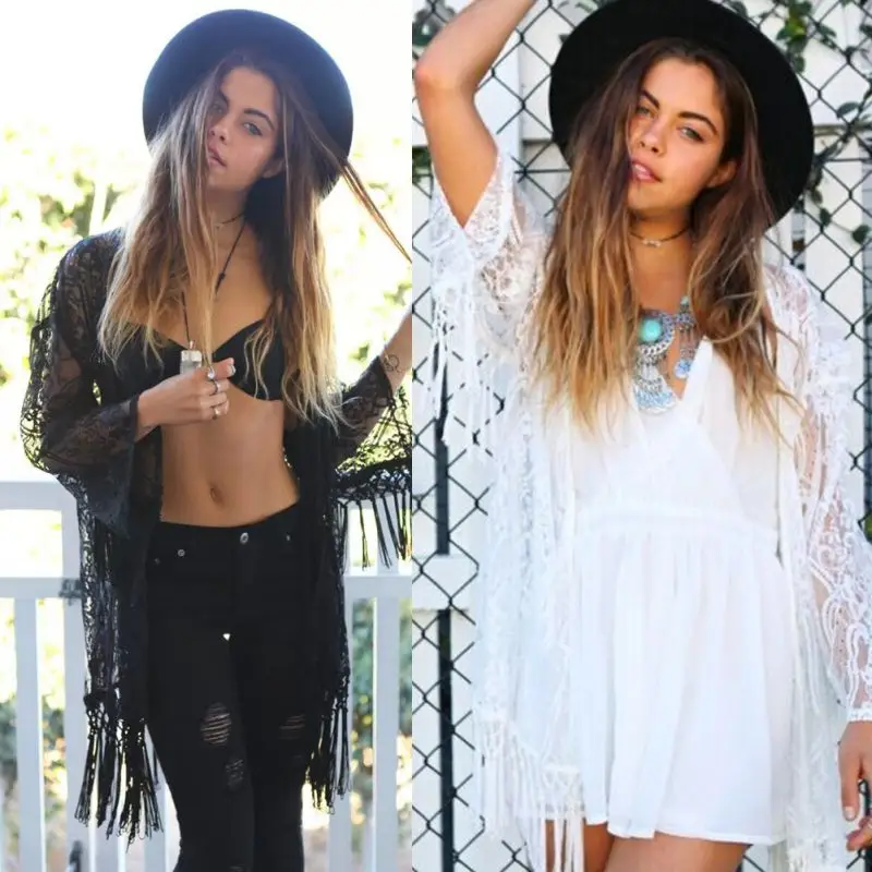 Women Beach Cover Up Boho Fringe Lace Kimono Cardigan Tassels Cape Tops