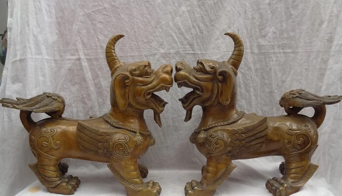 

xd 002097 14" Chinese Bronze Temple Wealth FengShui Protect PiXiu Lion Unicorn Statue Pair