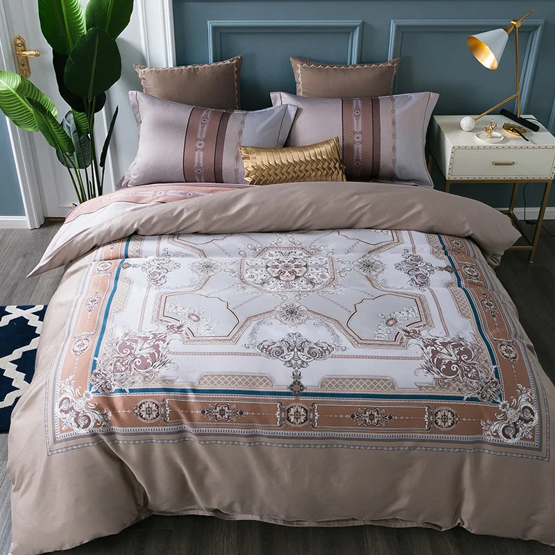 

Classic Palace 60S Egypt Cotton Bedding Set Printed Silky Duvet cover Bed Sheet Fitted Sheet Pillowcases Queen King size 4Pcs