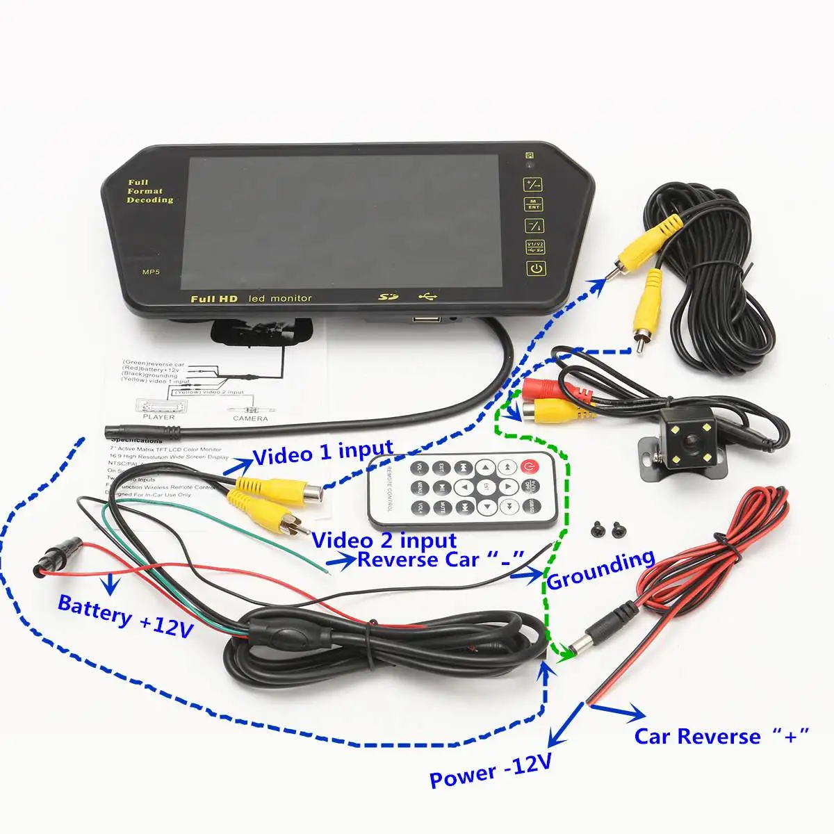 7 ''TFT lcd MP5 bluetooth автомобильное зеркало заднего вида монитор+ реверсивная Автомобильная камера беспроводной RCA видео приемник передатчик