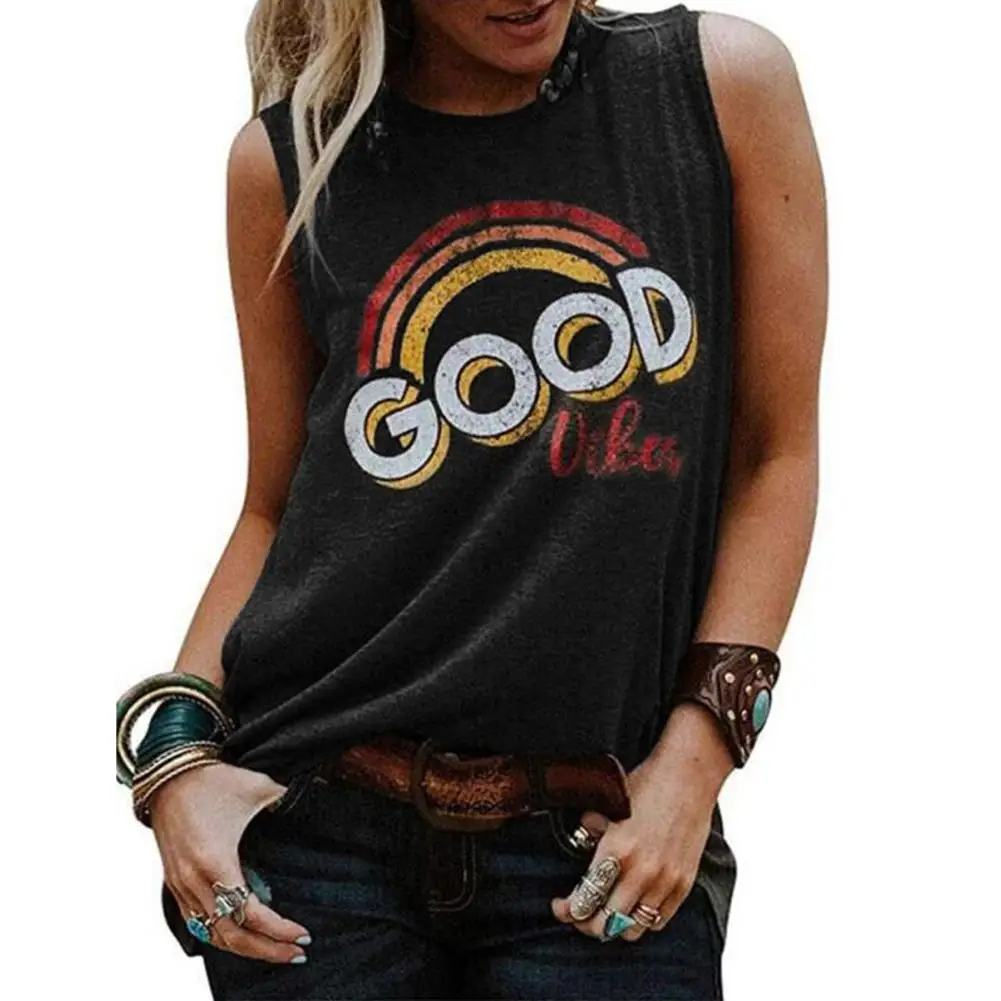 

2019 Fashion Personality Summer Women Tank Tops Good Vibes Letter Rainbow Print O-Neck Lady Casual Office Tanks Top Loose Vest