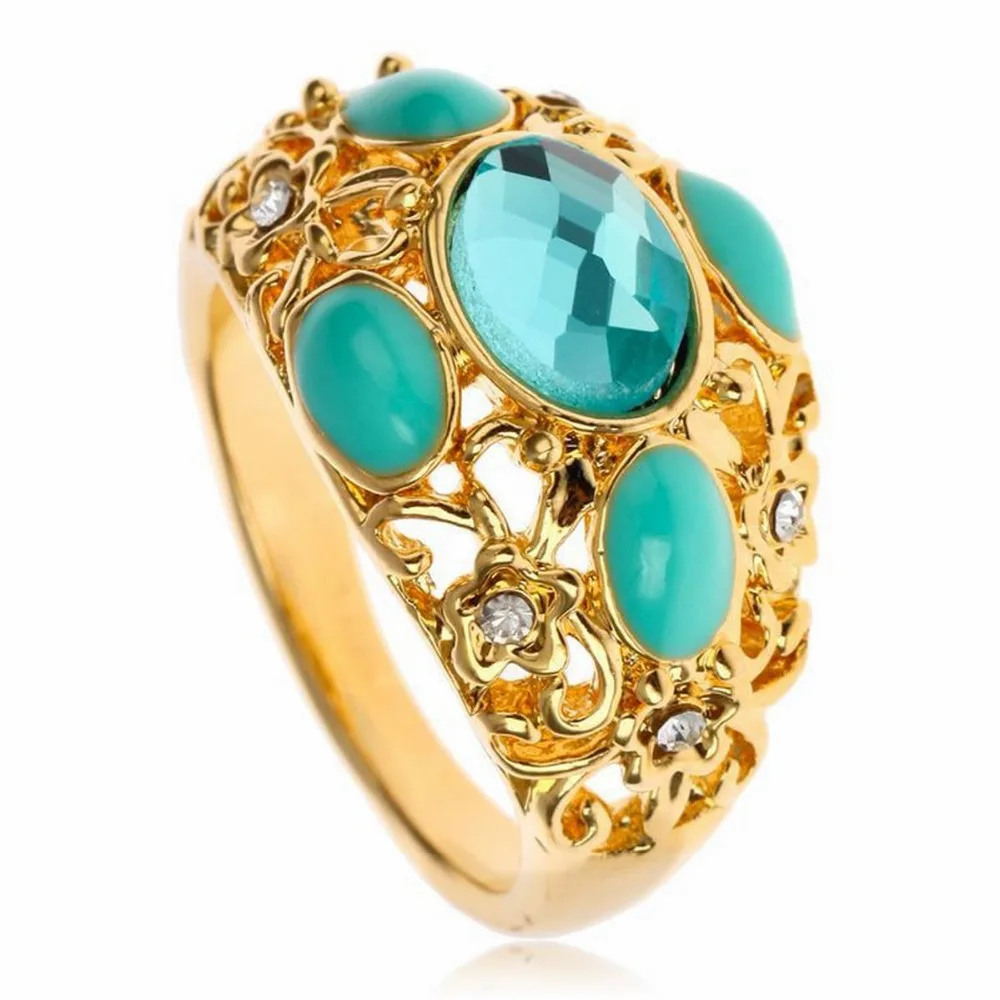 Vintage Hollow out Crystal Blue Rhinestone Rings for Women Jewelry