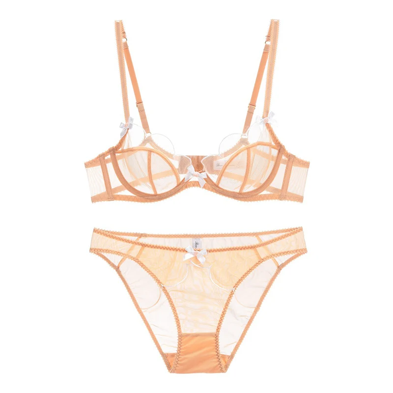 red bra set Transparent Bra Petal Shape Sexy Lingerie Set Underwire Bow Decoration Underwear Women Sexy Mesh Bra Set Seethrough lace bra panty set