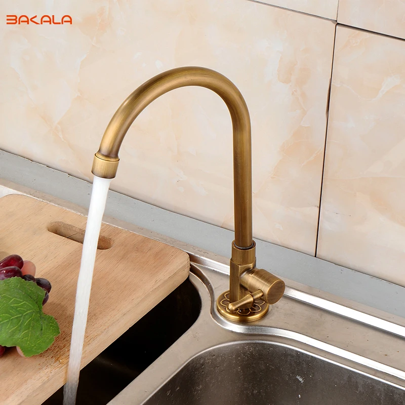 BAKALA New Antique brass kitchen Deck Mounted Cheap faucet tap swivel Rotation sink Single cold Tap cold or hot water