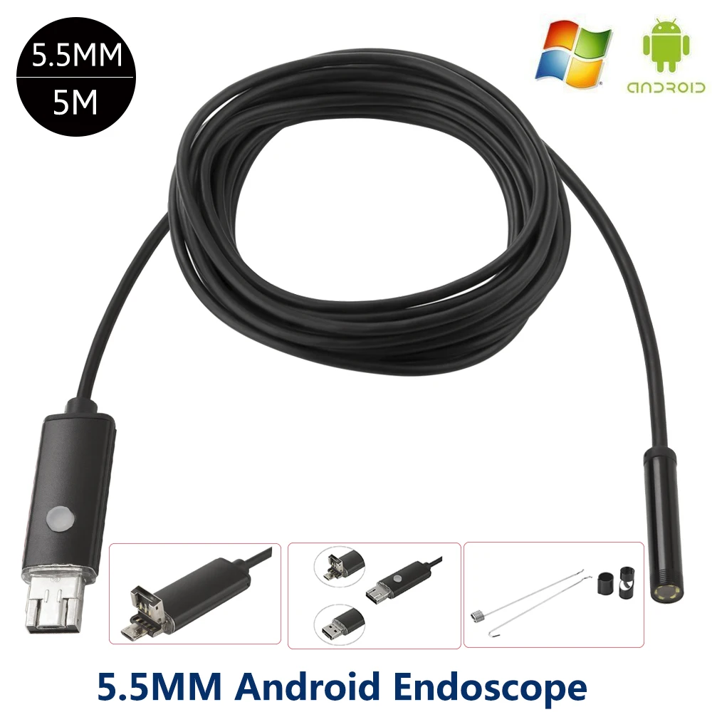 Эндоскопа 5,5 мм объектив USB Android Камера 5 м Портативный змея трубки Инспекции Borescope Водонепроницаемый Endoscopio для Andorid ПК