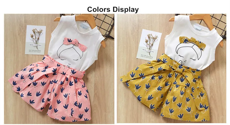 Kids Girls Clothes Sets Age 3 4 5 6 7 Years Old Kids Girls Clothing Children's Bowknot White T-shirt + Printed Shorts 2pcs Suits colors