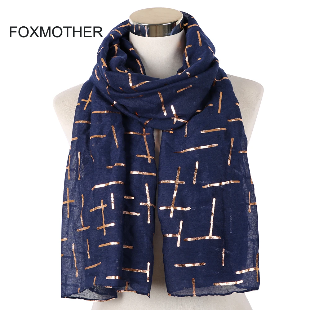 

FOXMOTHER New Fashion Navy White Pink Foil Gold Plaid Cross Muslim hijab Scarfs Shawl Wrap Scarves For Ladies Bufanda Echarpe