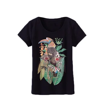 

Summer New Style Women Tshirt Beaded bird Print Short Sleeve Round Neck Cotton Spandex Women Tops Slim Fit Women T-shirt 3220