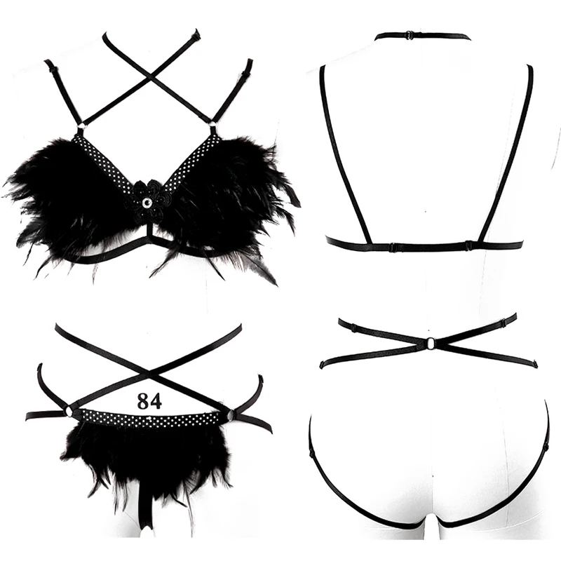 Bondage Full Sexy Body Harness Set for Women Plus Feather Harness Black Chest Bra Goth Erotic Rave Dance Fetish Cosplay Wear