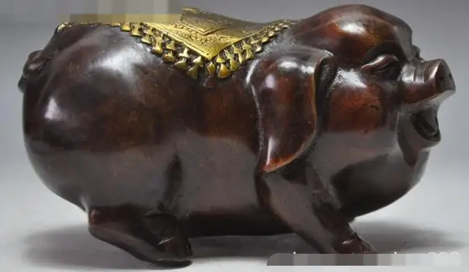 

S00852 Chinese Fengshui Bronze gilt Fortune Zodiac Year Animal happy Pig Swine Statue (B0413)
