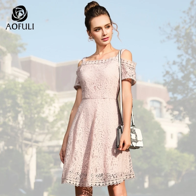 

AOFULI Sexy Women Off Shoulder Dress Plus Size Pink Summer Dress Lace Big Size Short Sleeve Sundress L- XXXL 4XL 5XL A3553